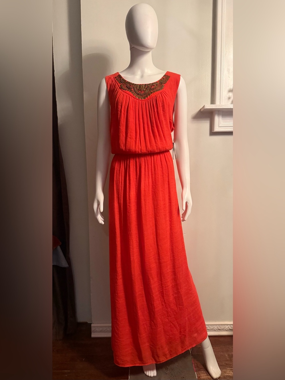 AGB Coral Orange Sleeveless Maxi Dress with Embroidered Neckline